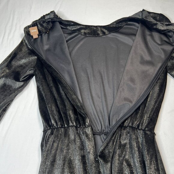 Boss Evaniwa Metallic Velvet Mini Dress Shoulder Button Ruched Black Wet Look LG - Picture 15 of 16